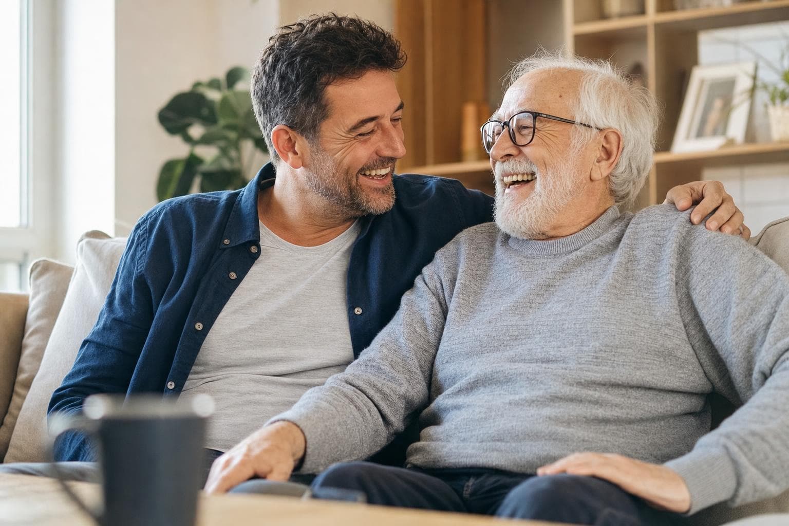 Middle-aged adult child enjoying time with an elderly parent
