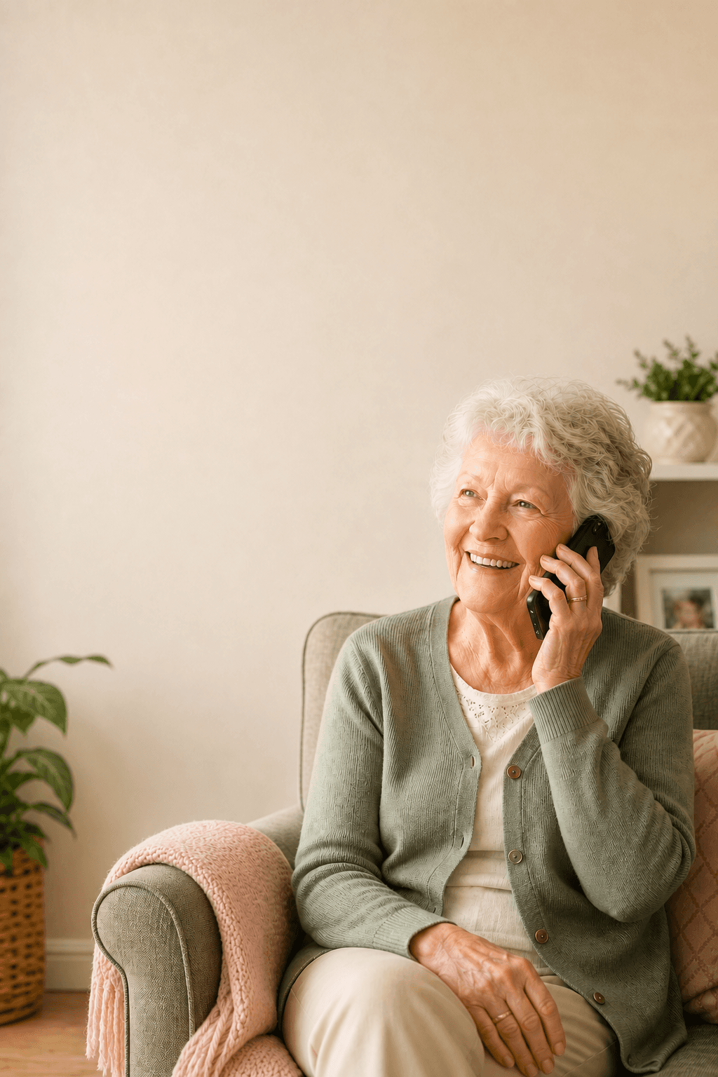 Smiling senior on a phone call for a DailyCall check-in